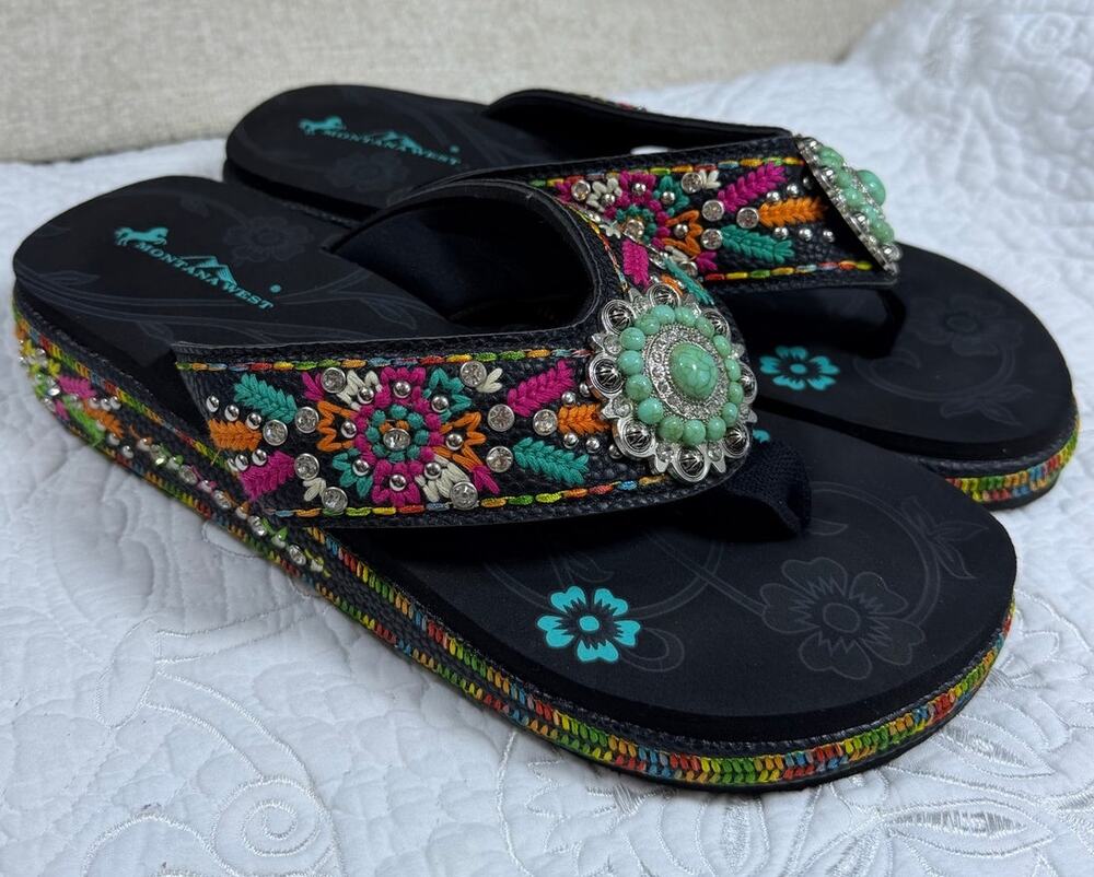 Montana West Women's Black 11 Western Rhinestone Embroidered Wedge Flip Flops